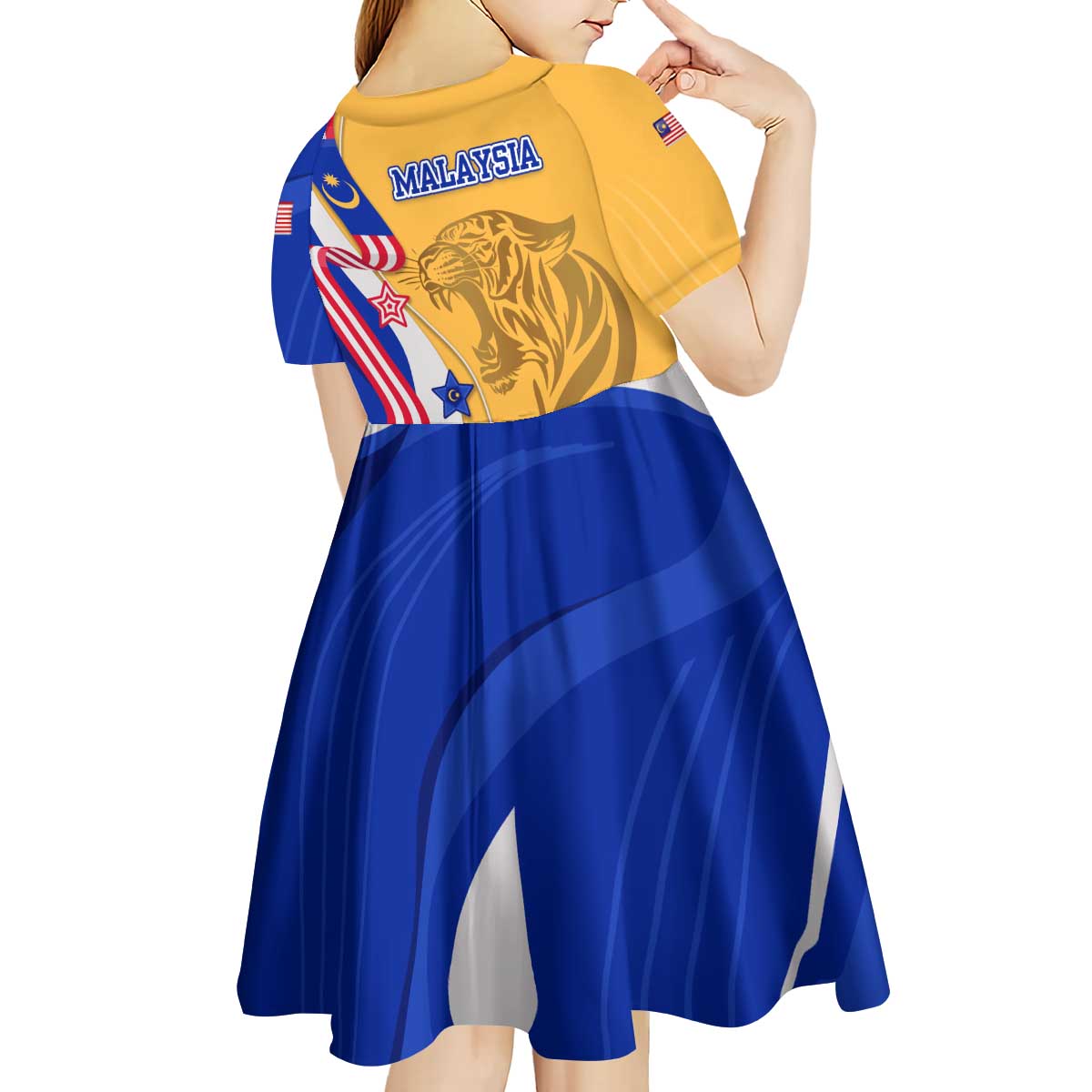 Malaysian Tiger and National Flag Kid Short Sleeve Dress with Royal Gold and Blue Design