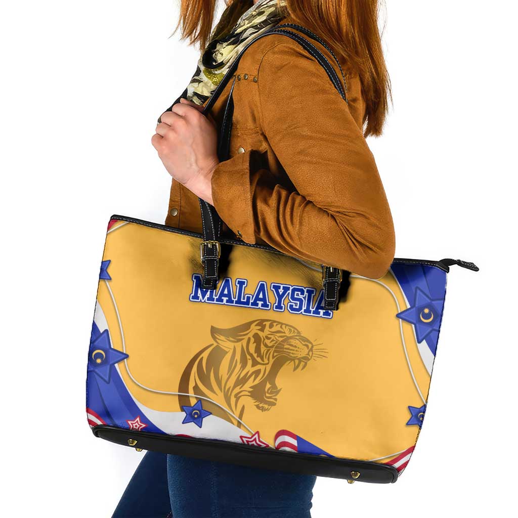 Malaysian Tiger and National Flag Leather Tote Bag with Royal Gold and Blue Design
