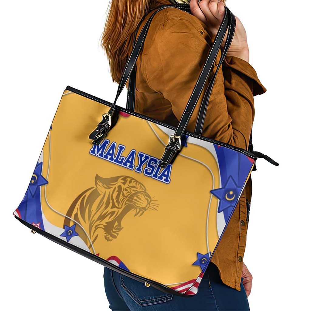 Malaysian Tiger and National Flag Leather Tote Bag with Royal Gold and Blue Design
