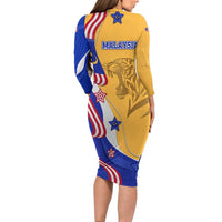 Malaysian Tiger and National Flag Long Sleeve Bodycon Dress with Royal Gold and Blue Design