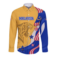 Malaysian Tiger and National Flag Long Sleeve Button Shirt with Royal Gold and Blue Design