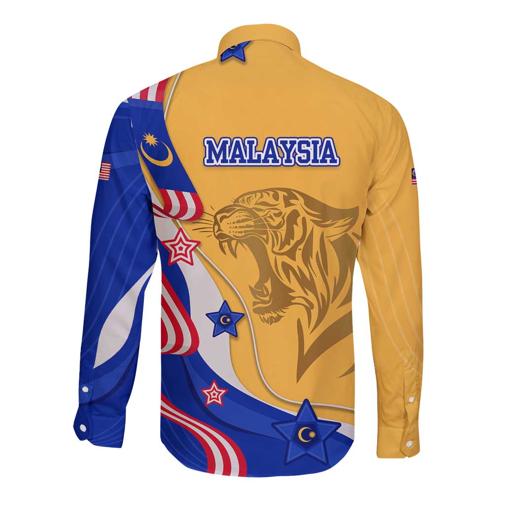 Malaysian Tiger and National Flag Long Sleeve Button Shirt with Royal Gold and Blue Design