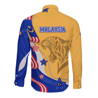 Malaysian Tiger and National Flag Long Sleeve Button Shirt with Royal Gold and Blue Design