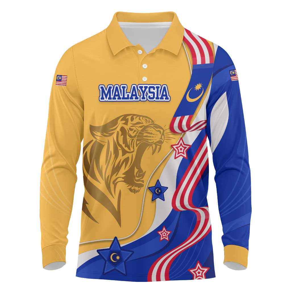 Malaysian Tiger and National Flag Long Sleeve Polo Shirt with Royal Gold and Blue Design