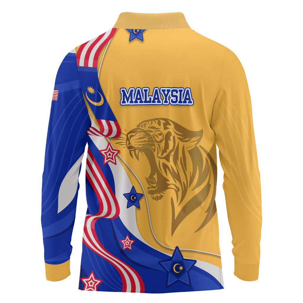 Malaysian Tiger and National Flag Long Sleeve Polo Shirt with Royal Gold and Blue Design