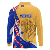 Malaysian Tiger and National Flag Long Sleeve Polo Shirt with Royal Gold and Blue Design