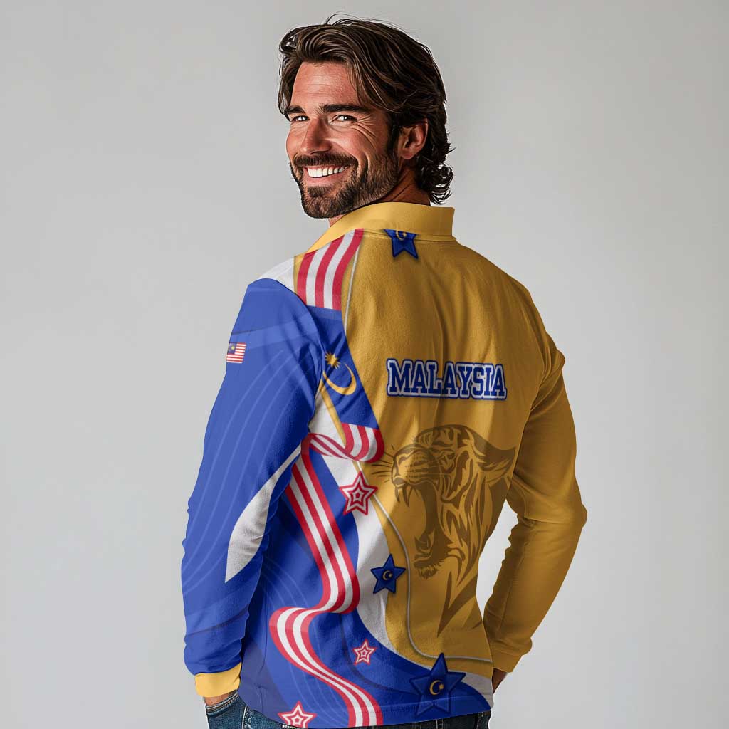 Malaysian Tiger and National Flag Long Sleeve Polo Shirt with Royal Gold and Blue Design
