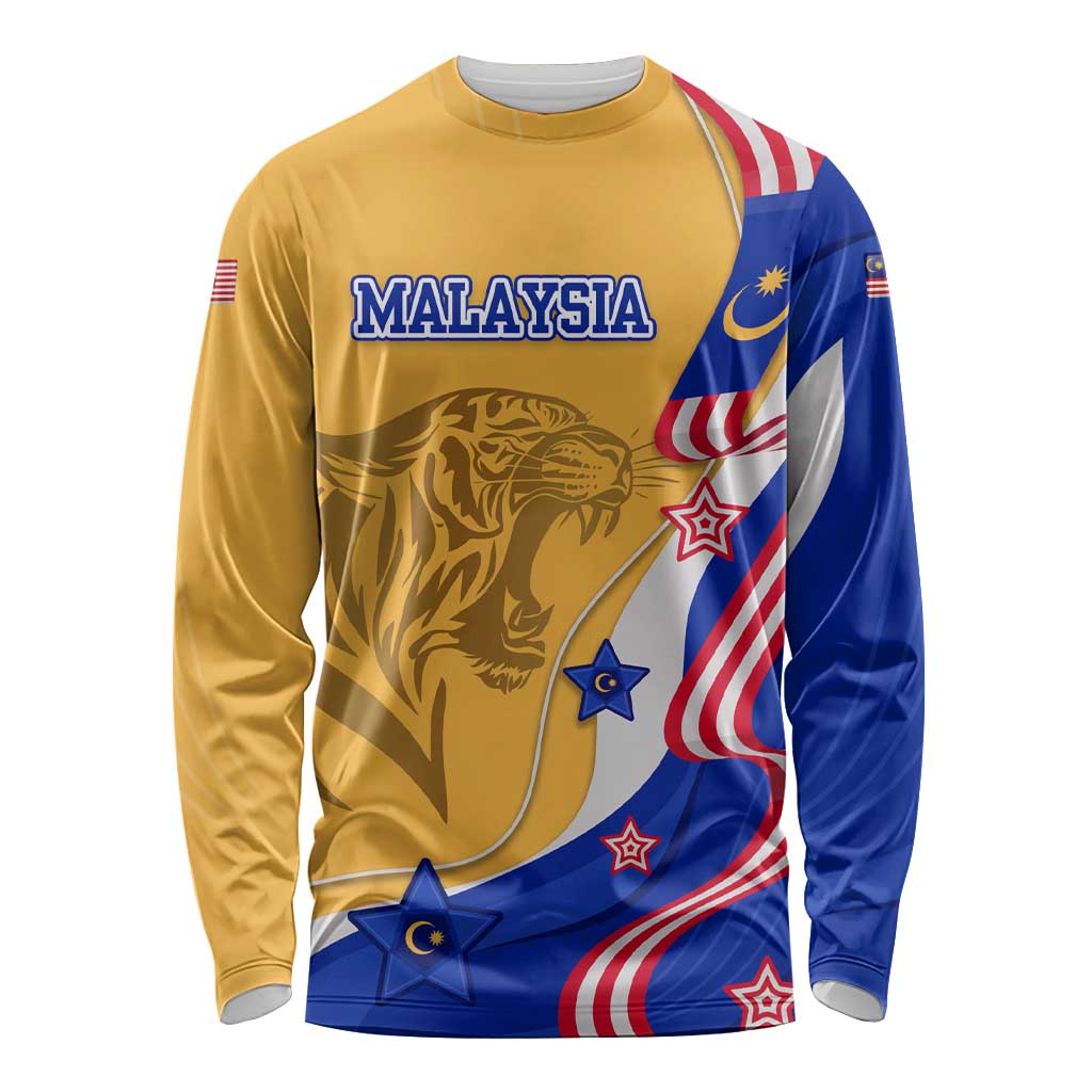 Malaysian Tiger and National Flag Long Sleeve Shirt with Royal Gold and Blue Design