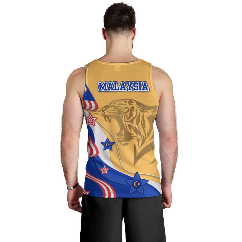 Malaysian Tiger and National Flag Men Tank Top with Royal Gold and Blue Design