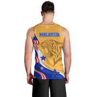 Malaysian Tiger and National Flag Men Tank Top with Royal Gold and Blue Design