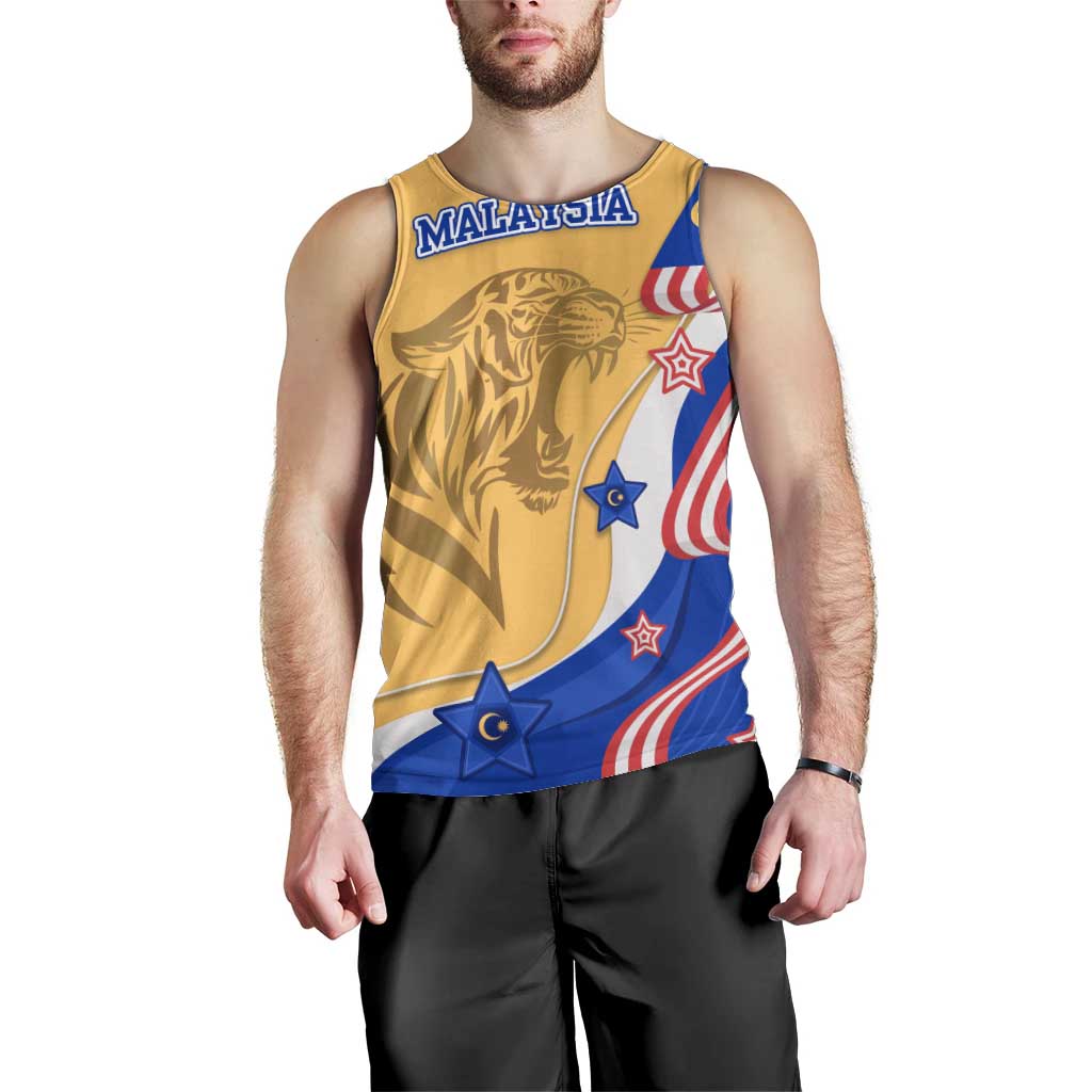 Malaysian Tiger and National Flag Men Tank Top with Royal Gold and Blue Design