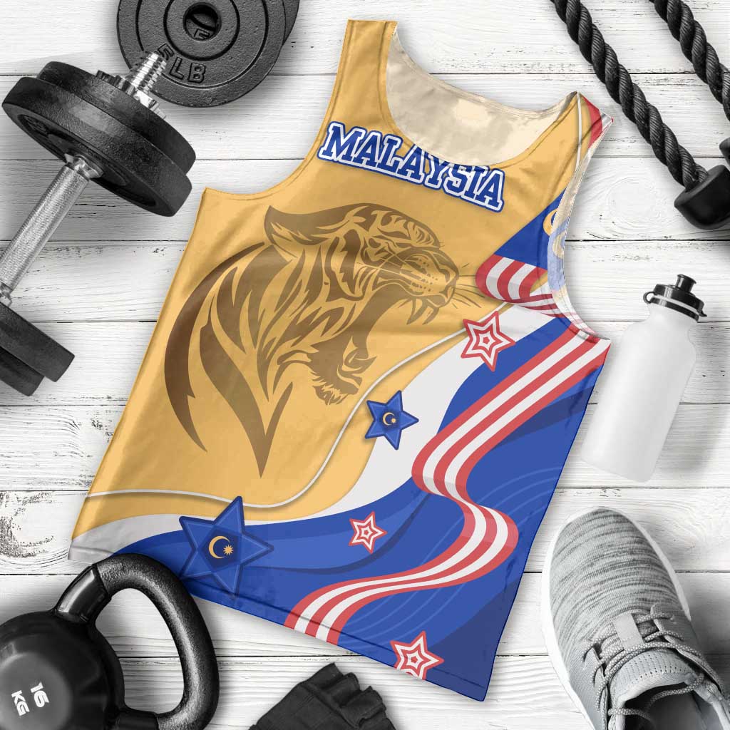 Malaysian Tiger and National Flag Men Tank Top with Royal Gold and Blue Design