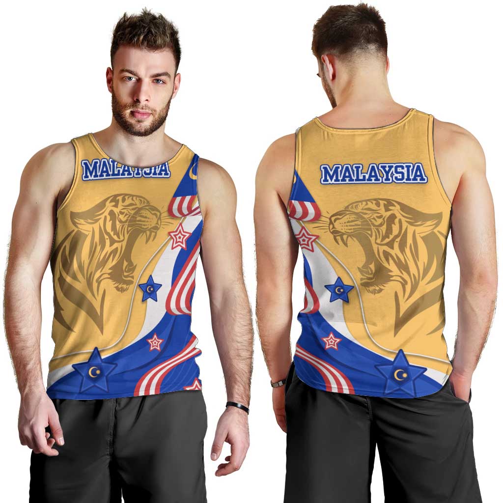 Malaysian Tiger and National Flag Men Tank Top with Royal Gold and Blue Design