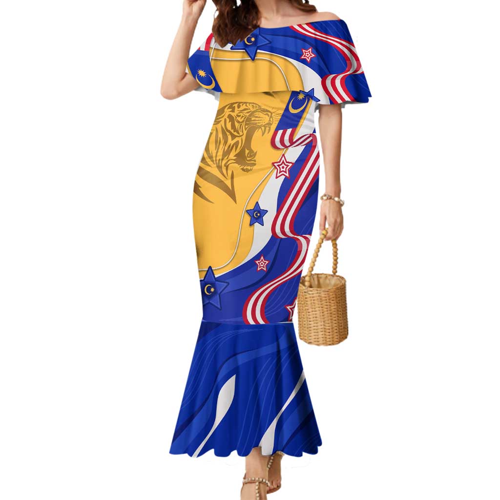 Malaysian Tiger and National Flag Mermaid Dress with Royal Gold and Blue Design