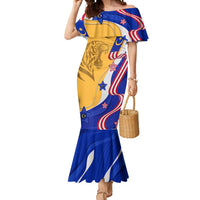 Malaysian Tiger and National Flag Mermaid Dress with Royal Gold and Blue Design