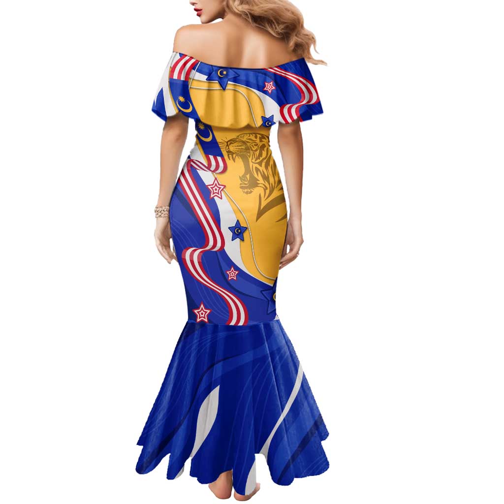 Malaysian Tiger and National Flag Mermaid Dress with Royal Gold and Blue Design