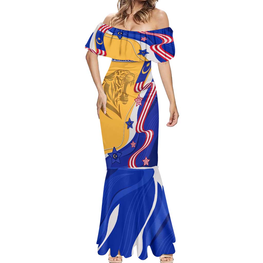 Malaysian Tiger and National Flag Mermaid Dress with Royal Gold and Blue Design