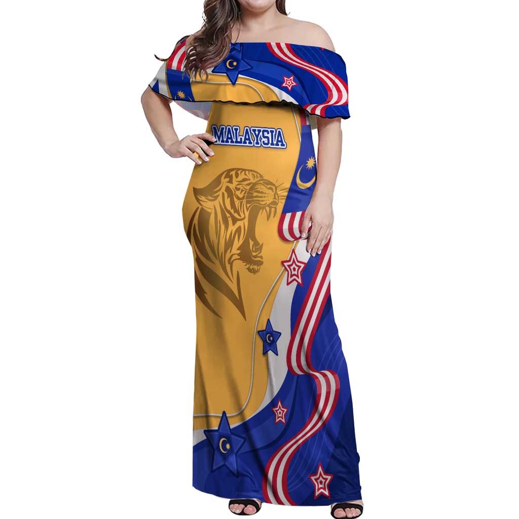 Malaysian Tiger and National Flag Off Shoulder Maxi Dress with Royal Gold and Blue Design