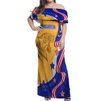 Malaysian Tiger and National Flag Off Shoulder Maxi Dress with Royal Gold and Blue Design
