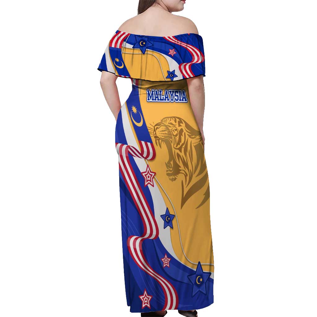 Malaysian Tiger and National Flag Off Shoulder Maxi Dress with Royal Gold and Blue Design