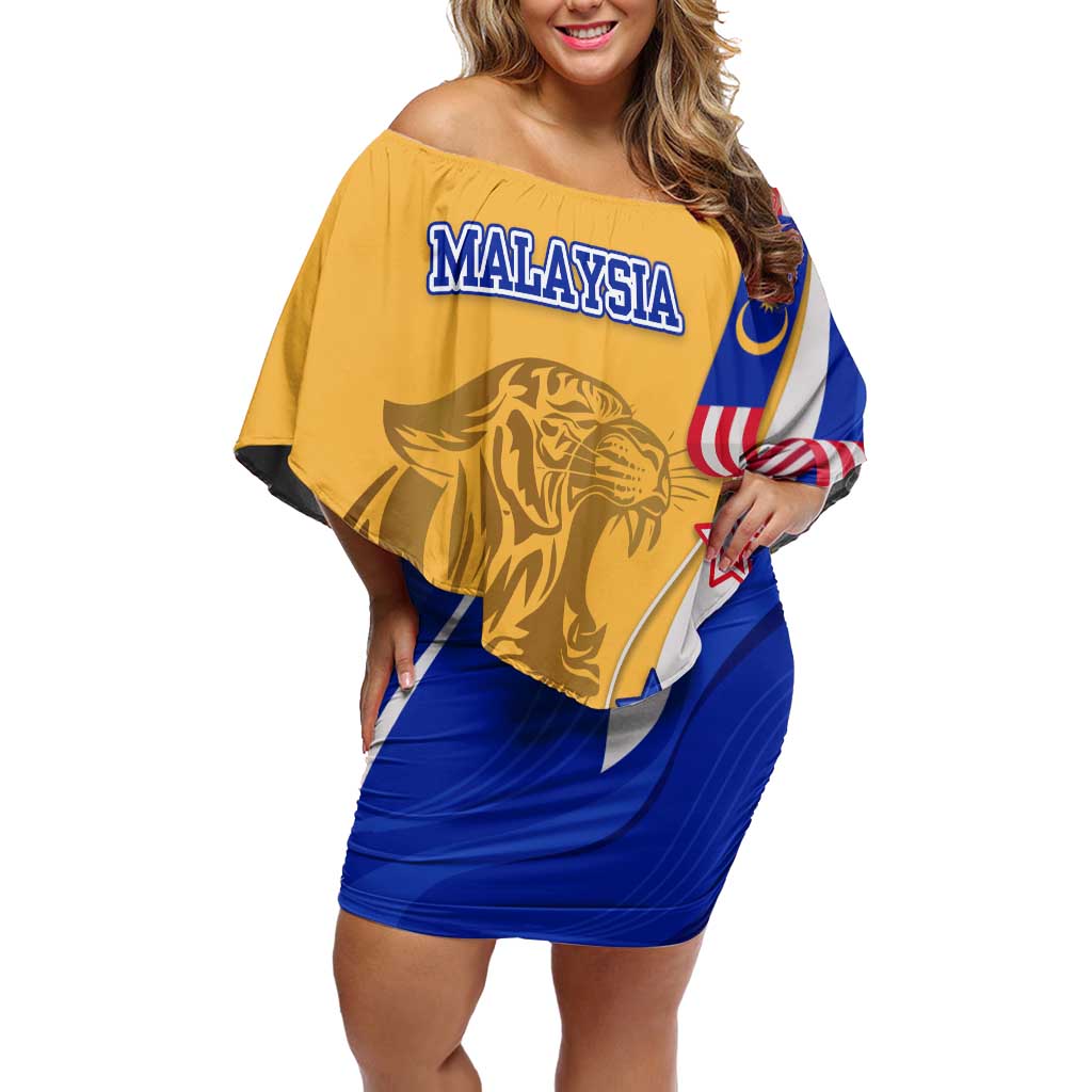 Malaysian Tiger and National Flag Off Shoulder Short Dress with Royal Gold and Blue Design