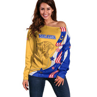 Malaysian Tiger and National Flag Off Shoulder Sweater with Royal Gold and Blue Design