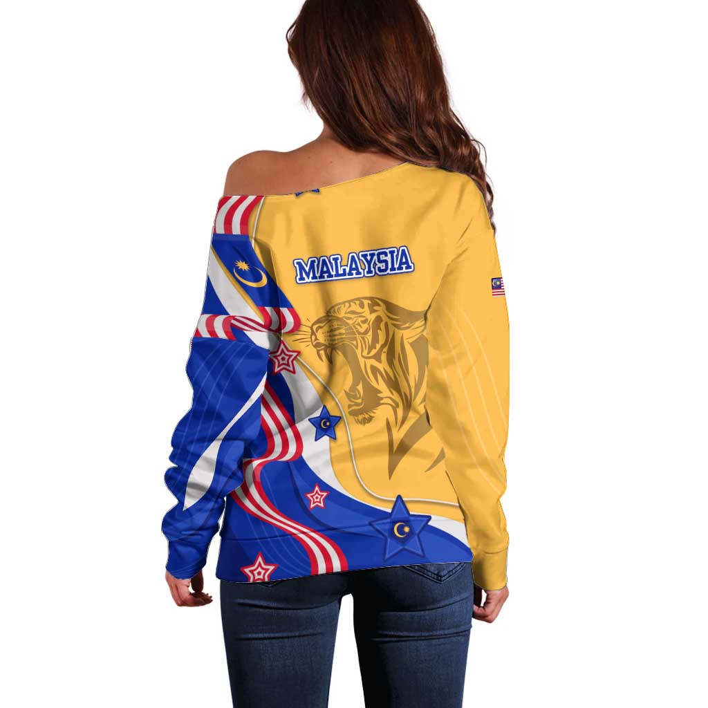Malaysian Tiger and National Flag Off Shoulder Sweater with Royal Gold and Blue Design