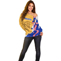 Malaysian Tiger and National Flag Off Shoulder Sweater with Royal Gold and Blue Design