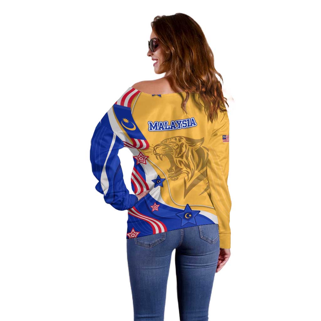 Malaysian Tiger and National Flag Off Shoulder Sweater with Royal Gold and Blue Design