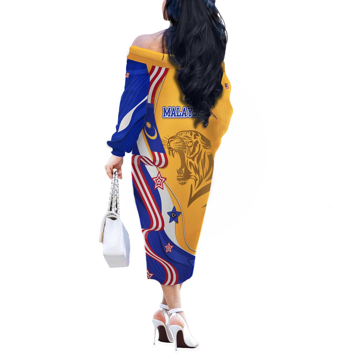 Malaysian Tiger and National Flag Off The Shoulder Long Sleeve Dress with Royal Gold and Blue Design