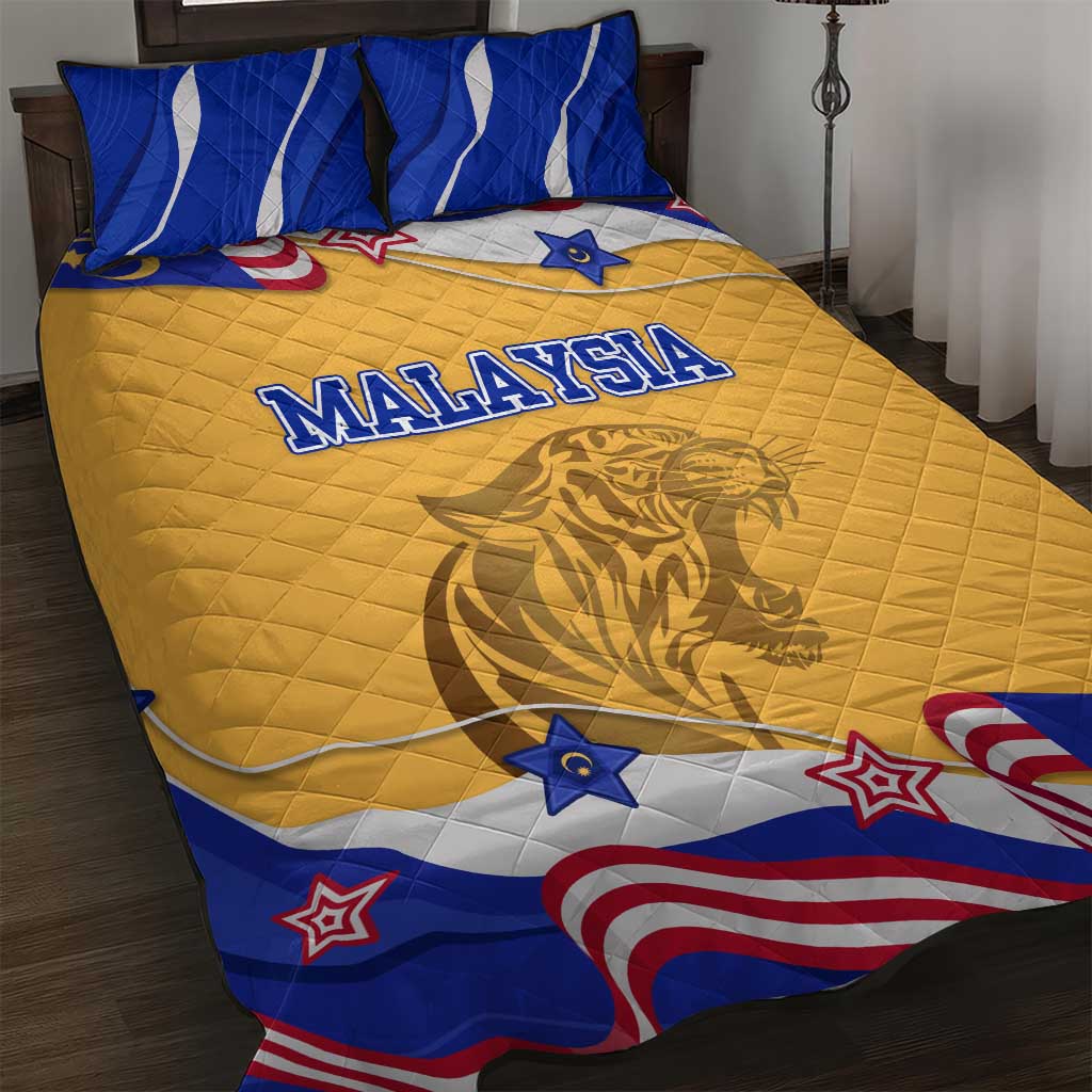 Malaysian Tiger and National Flag Quilt Bed Set with Royal Gold and Blue Design