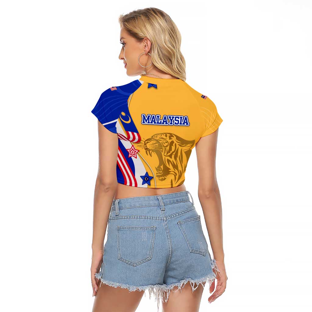 Malaysian Tiger and National Flag Raglan Cropped T Shirt with Royal Gold and Blue Design