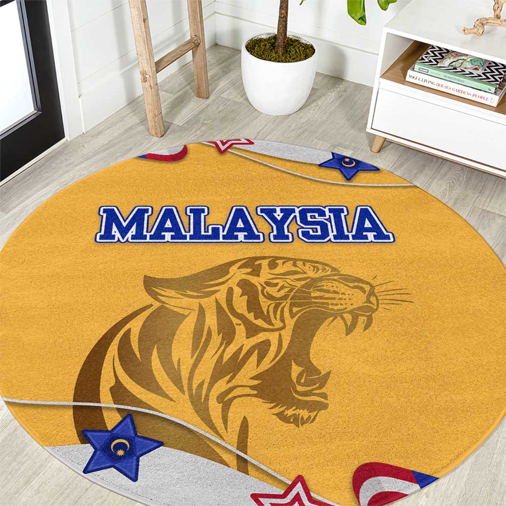 Malaysian Tiger and National Flag Round Carpet with Royal Gold and Blue Design