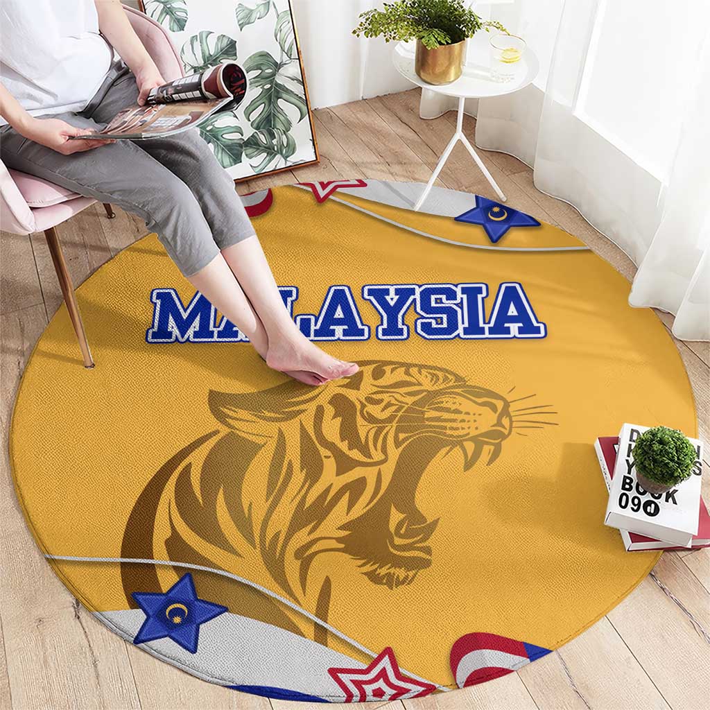 Malaysian Tiger and National Flag Round Carpet with Royal Gold and Blue Design