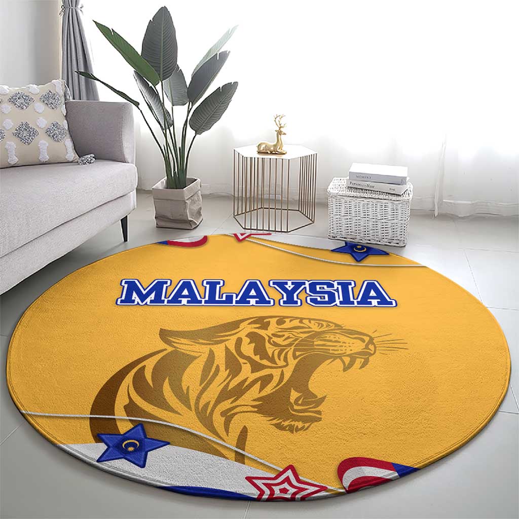 Malaysian Tiger and National Flag Round Carpet with Royal Gold and Blue Design