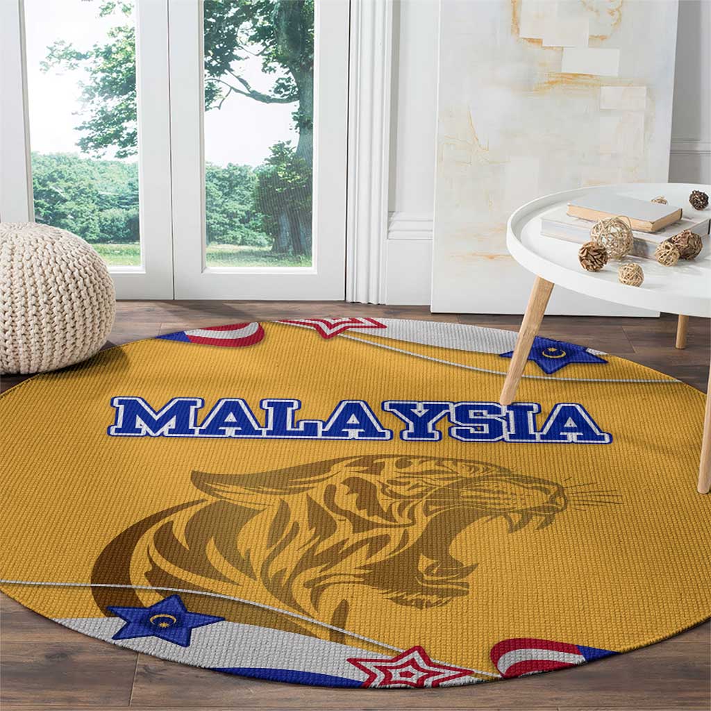 Malaysian Tiger and National Flag Round Carpet with Royal Gold and Blue Design