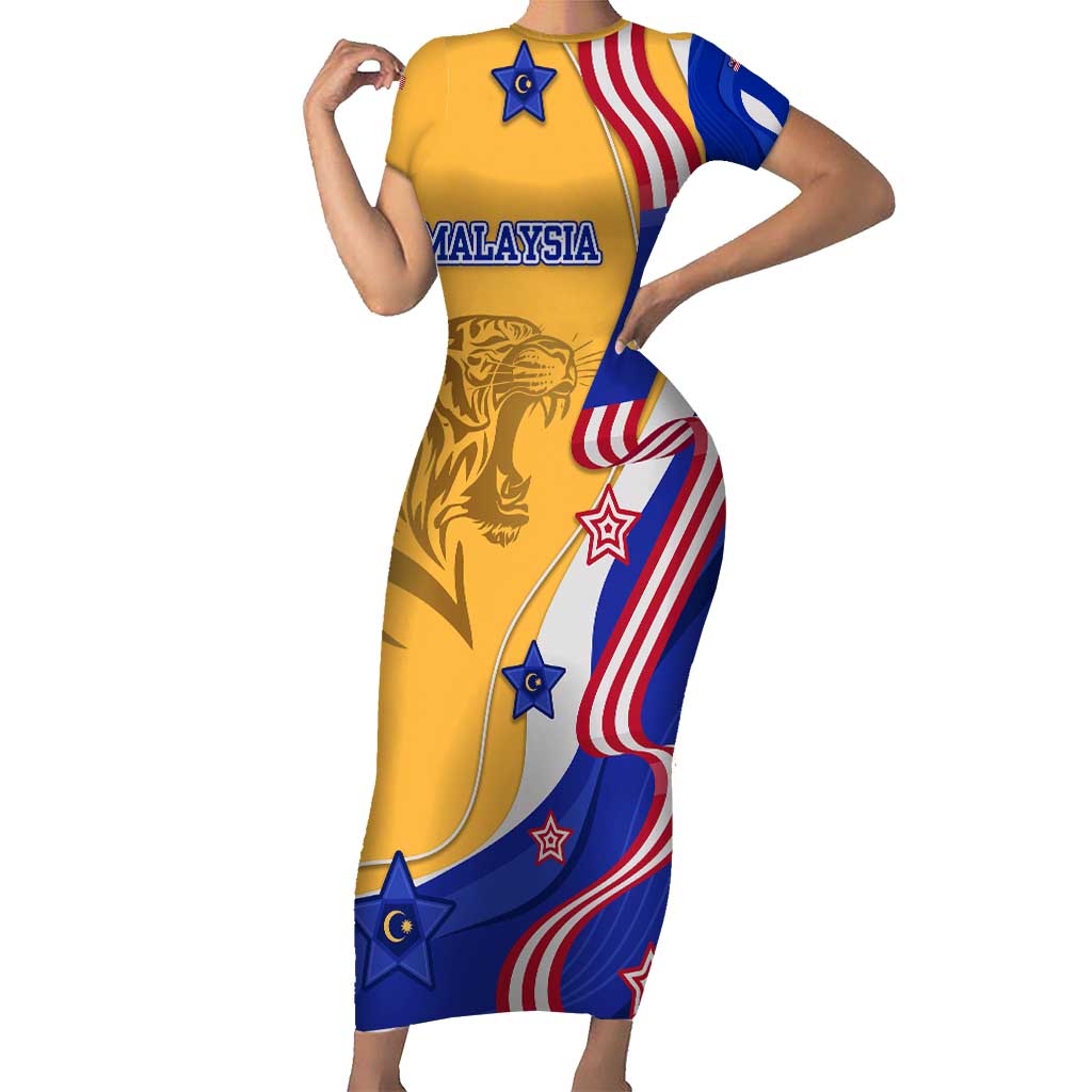 Malaysian Tiger and National Flag Short Sleeve Bodycon Dress with Royal Gold and Blue Design