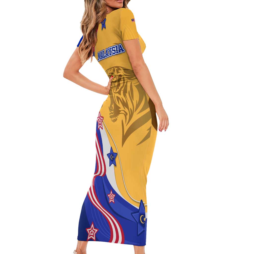 Malaysian Tiger and National Flag Short Sleeve Bodycon Dress with Royal Gold and Blue Design