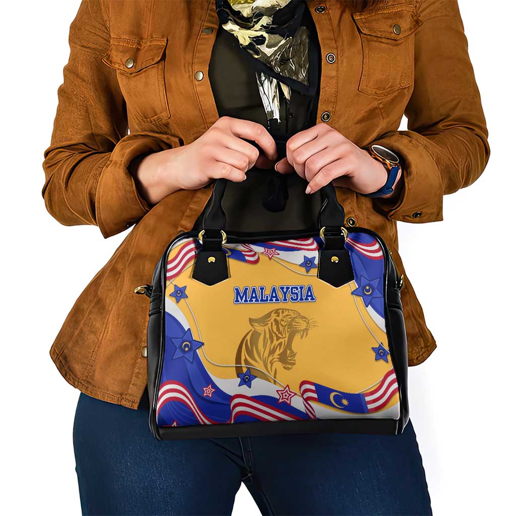 Malaysian Tiger and National Flag Shoulder Handbag with Royal Gold and Blue Design