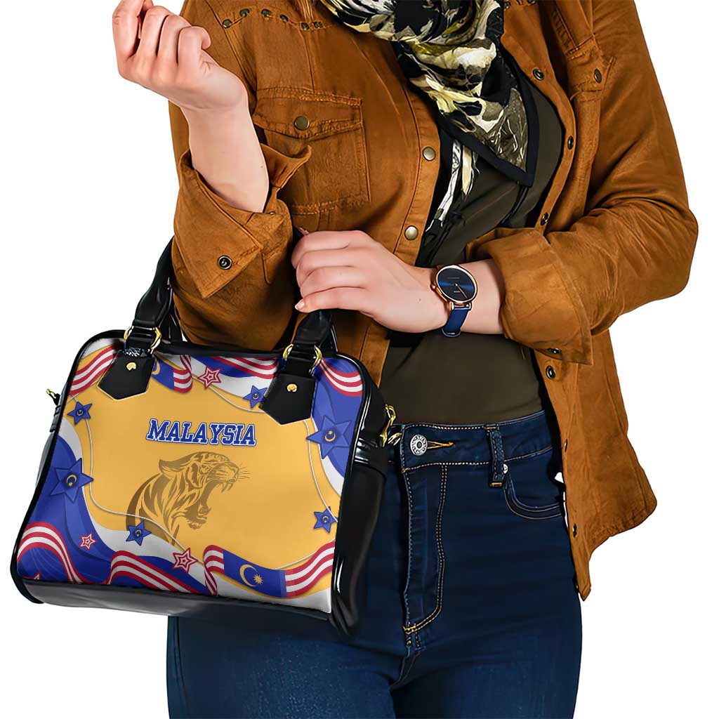 Malaysian Tiger and National Flag Shoulder Handbag with Royal Gold and Blue Design