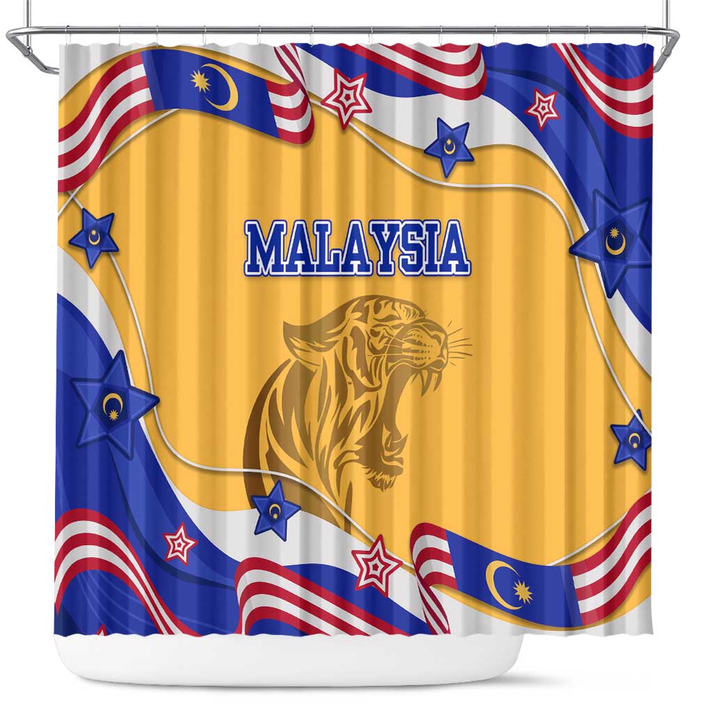Malaysian Tiger and National Flag Shower Curtain with Royal Gold and Blue Design