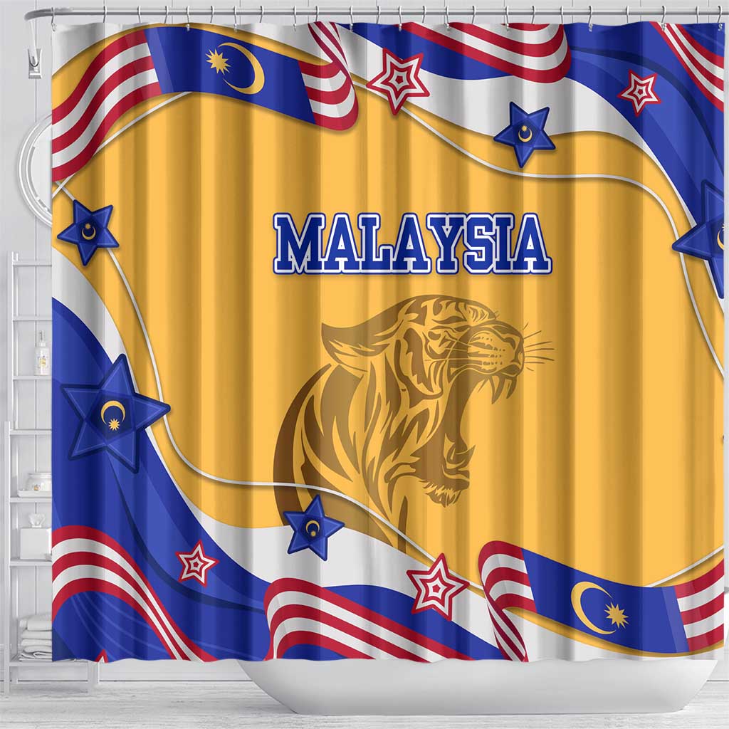 Malaysian Tiger and National Flag Shower Curtain with Royal Gold and Blue Design