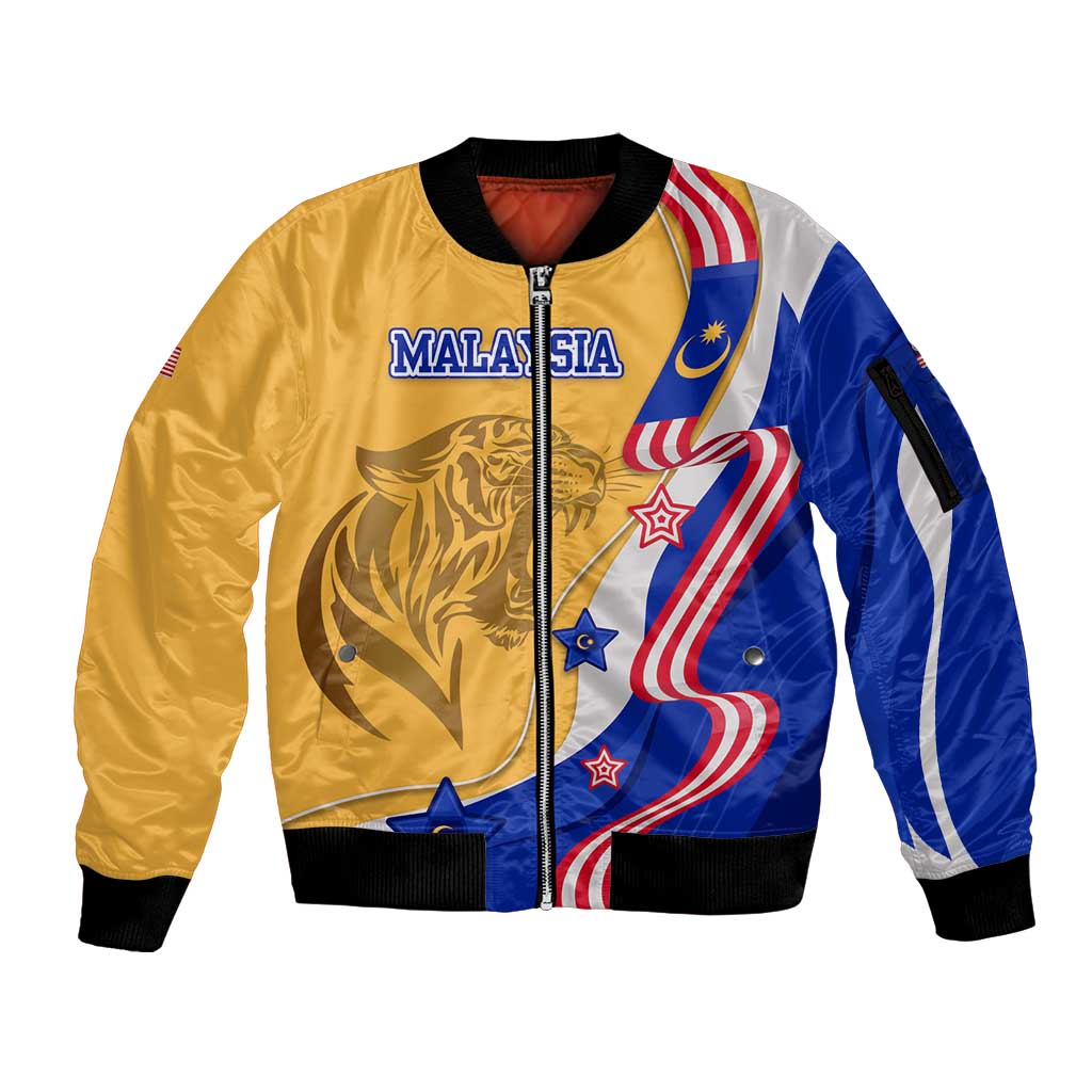 Malaysian Tiger and National Flag Sleeve Zip Bomber Jacket with Royal Gold and Blue Design