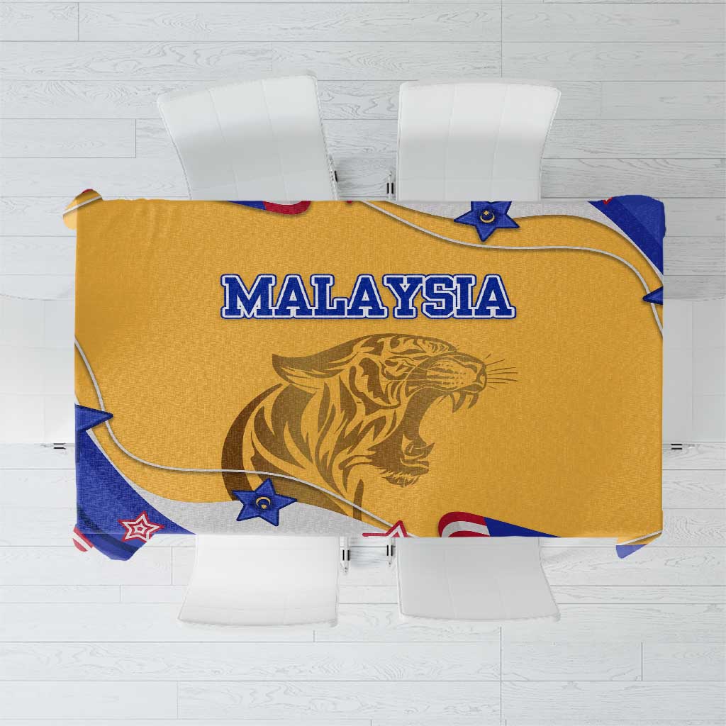 Malaysian Tiger and National Flag Tablecloth with Royal Gold and Blue Design