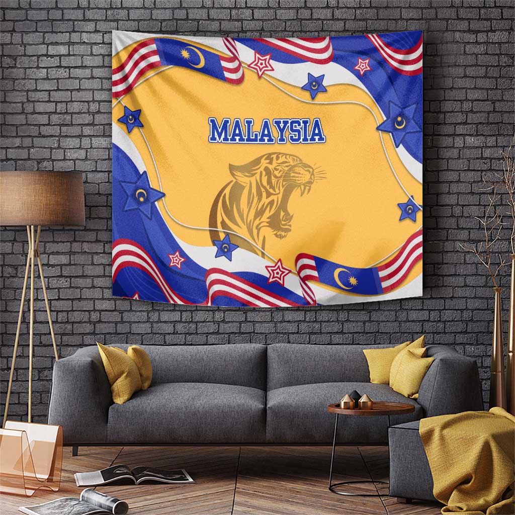 Malaysian Tiger and National Flag Tapestry with Royal Gold and Blue Design