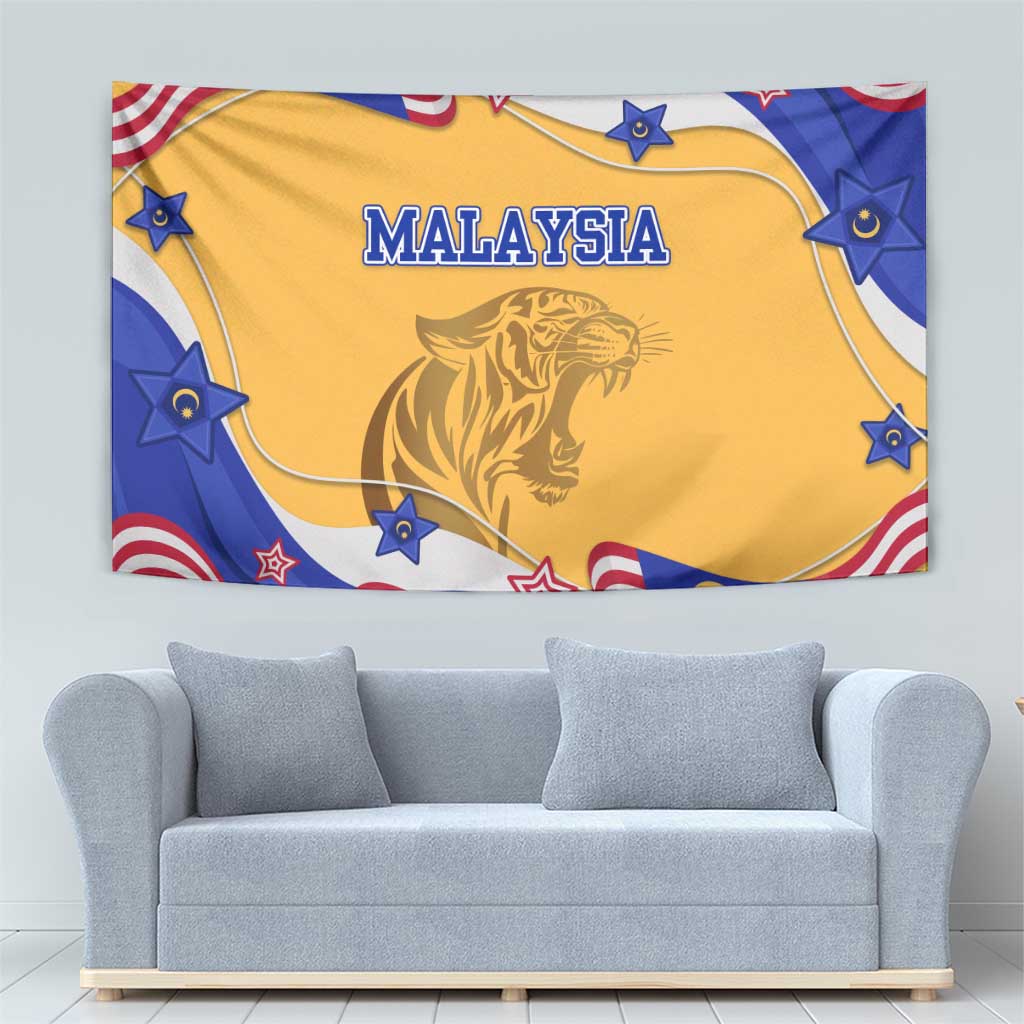Malaysian Tiger and National Flag Tapestry with Royal Gold and Blue Design