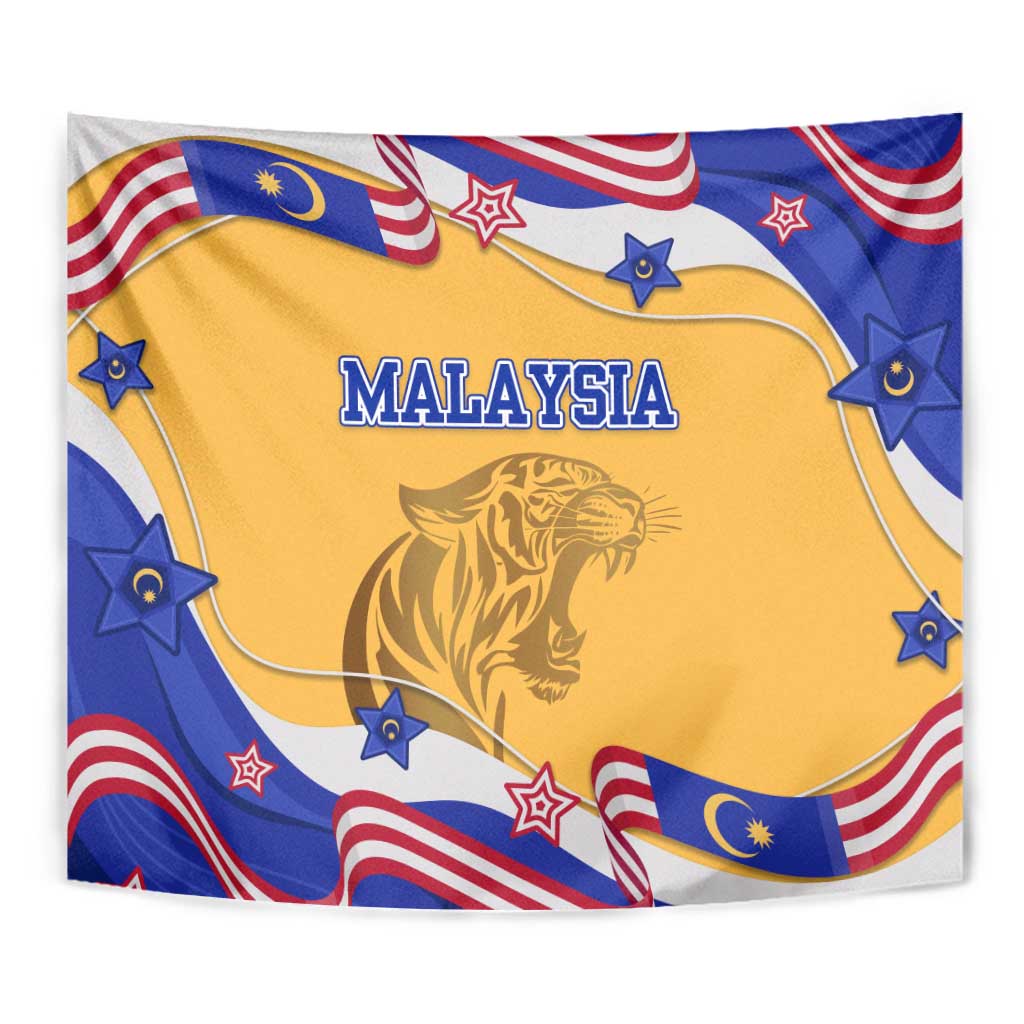 Malaysian Tiger and National Flag Tapestry with Royal Gold and Blue Design