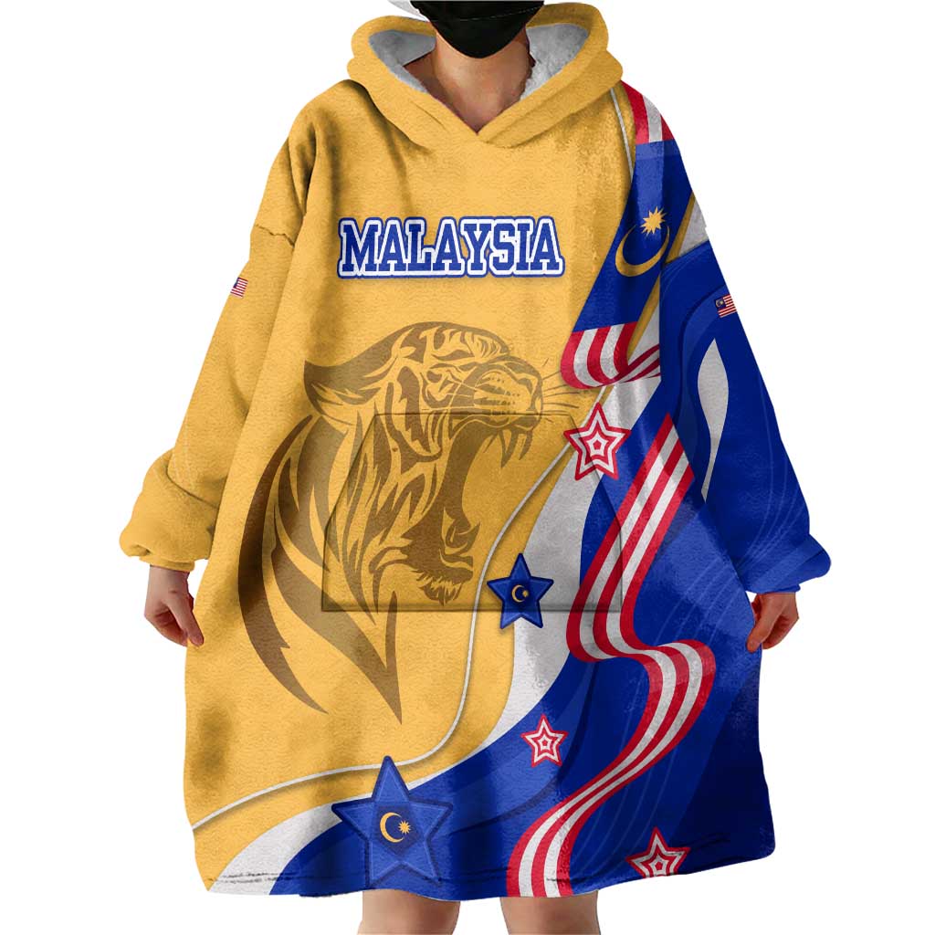Malaysian Tiger and National Flag Wearable Blanket Hoodie with Royal Gold and Blue Design