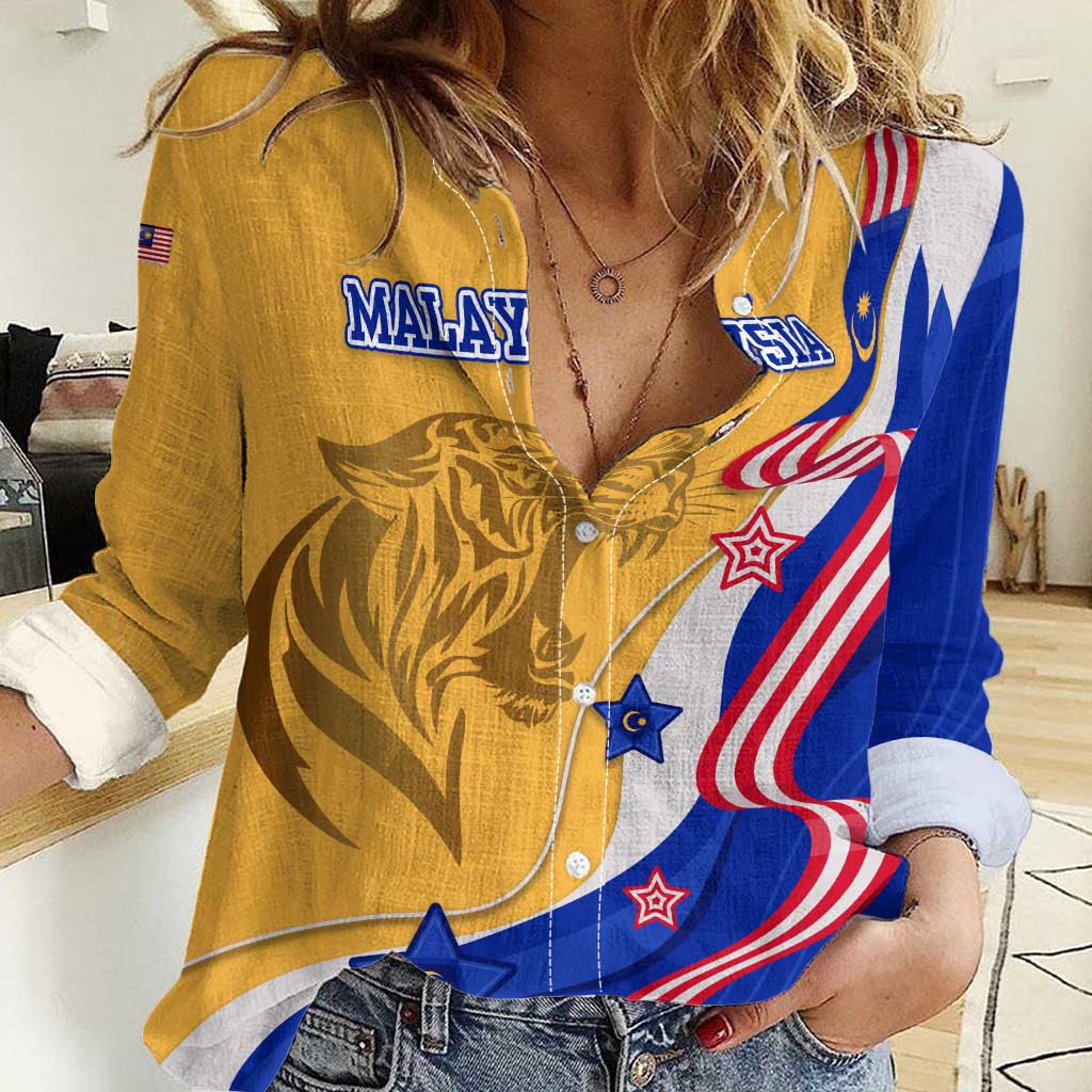 Malaysian Tiger and National Flag Women Casual Shirt with Royal Gold and Blue Design