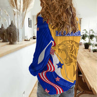 Malaysian Tiger and National Flag Women Casual Shirt with Royal Gold and Blue Design